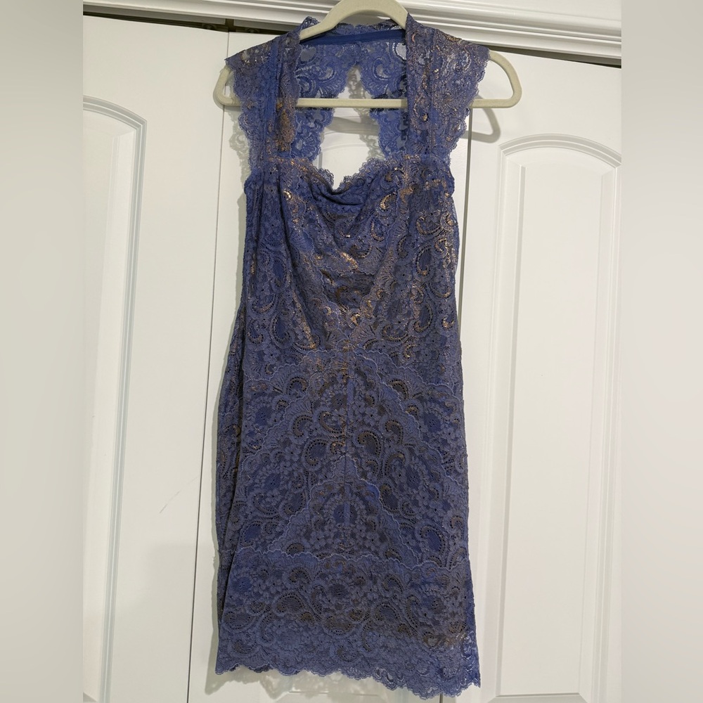 Nicole Miller Lace Cocktail Dress in Purple with Gold Accents